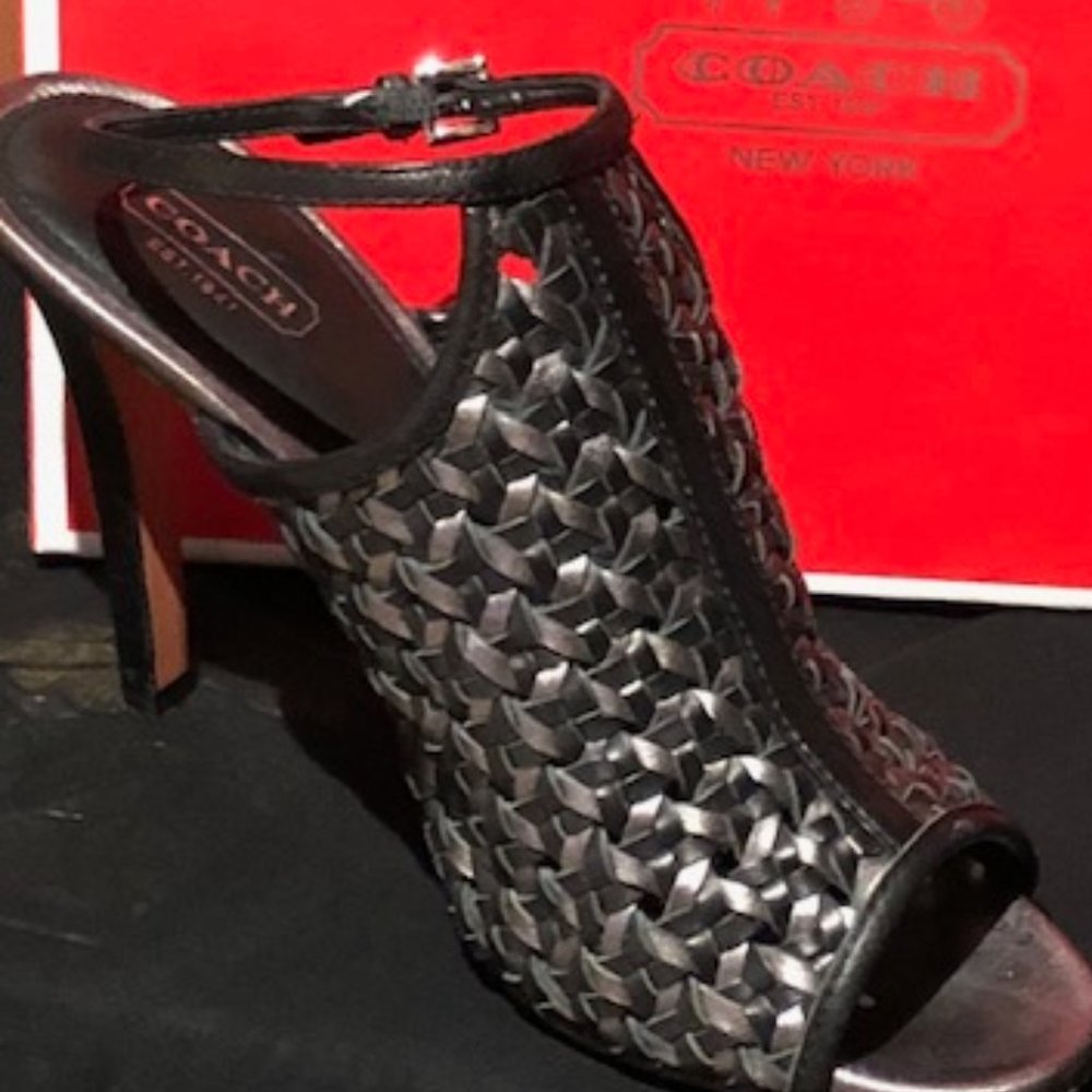 Coach Pewter/Black Peep Toe Heels with Ankle Strap